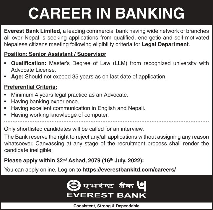 Vacancy in Everest Bank Senior Assistant Supervisor Vacancy
