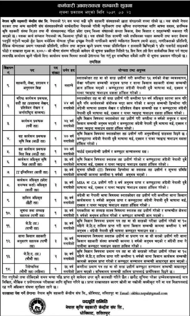 Nepal Krishi Sahakari Kendriya Sangh Limited Vacancy Syllabus Application Form